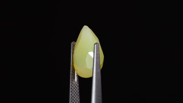 Natural Yellow Fire Opal Gemstone in the Tweezer on the Background