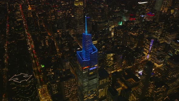 High Angle View of Blue Lit Top of One Vanderbilt Tall Skyscrapers