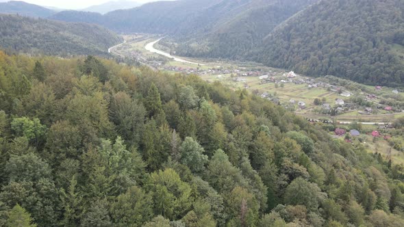 Aerial View of the Village in the Carpathian Mountains in Autumn
