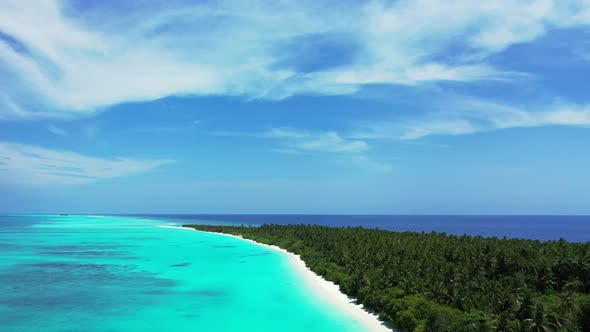 Aerial drone view panorama of relaxing bay beach break by blue ocean and white sandy background of a