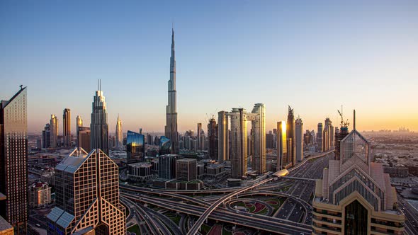 View of Burj Khalifa Dubai Downtown Skyline Overview at Sunset