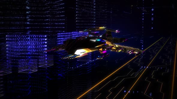 Golden Starship From the Future is Flying around the Cyberspace in Virtual World