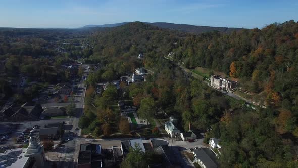 Aerial views of Berkeley Springs, WV revealing the intimacy and grandness of the mountains and count