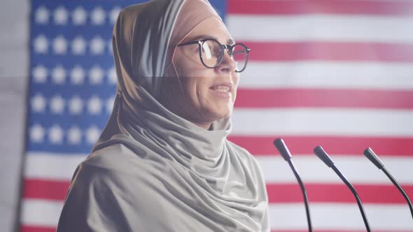 Muslim Woman in Hijab Holding Political Press Conference