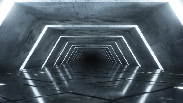 Flying in a Modern Futuristic Empty Sci-fi Night Corridor