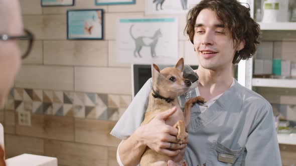 Veterinarian Giving Dog in E-Collar to Owner in Clinic