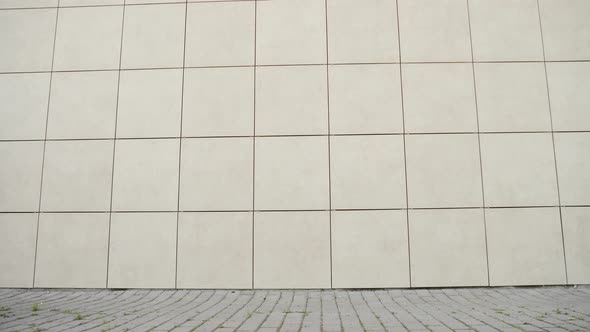 Funny cheerful happy young woman dancing outdoors on yellow wall.