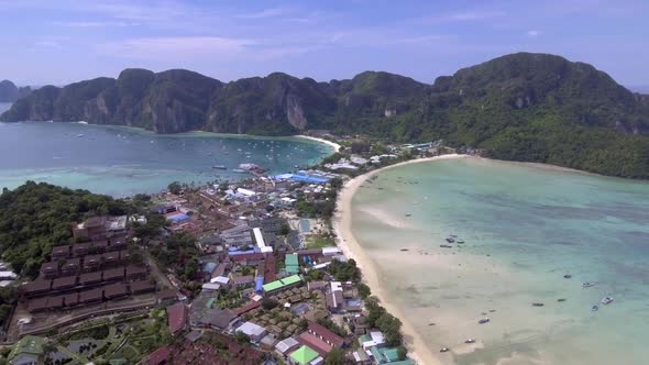 Drone video showing two bays at Koh Phi Phi Don, Thailand