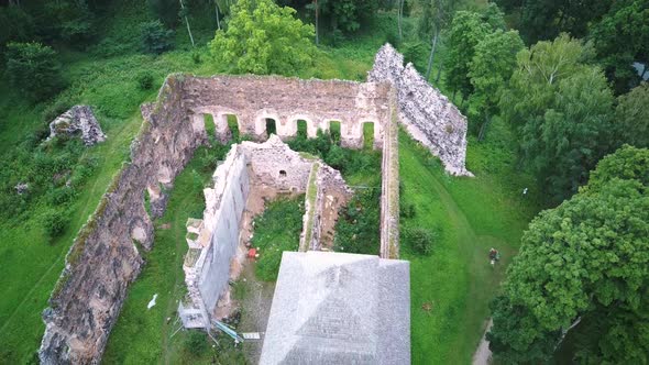 Medieval Castle Ruins in Latvia Rauna.  Aerial View Over Old Stoune Brick Wall of Raunas Castle 