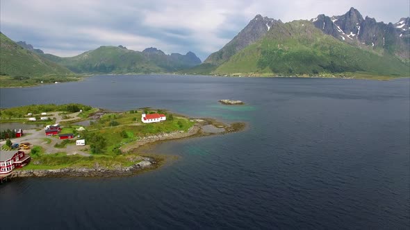 Sildpollness church on Lofoten islands, aerial view