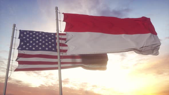 Indonesia and United States Flag on Flagpole