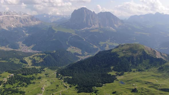 Amazing aerial view of Dolomites mountains in Val Gardena region, Italy, Europe