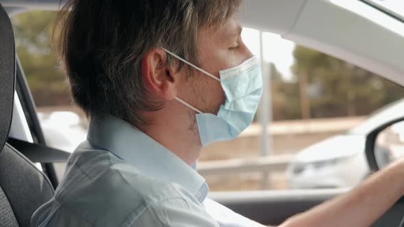 Portrait of Man Taxi Driver Wearing Protective Medical Mask Post Covid Coronavirus Quaranatine