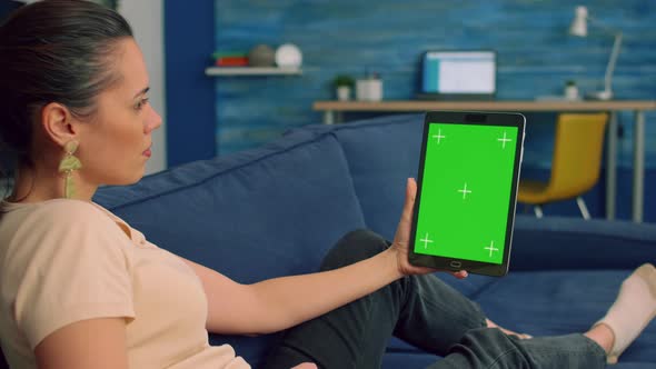 Business Woman Holding Isolated Tablet Computer Mock Up Green Screen