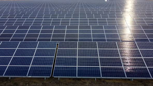 Aerial Drone View Flight Over Solar Power Station Panels