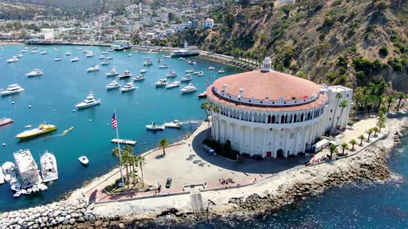 Aerial View of Catalina Casino and Avalon Harbor with Sailboats.