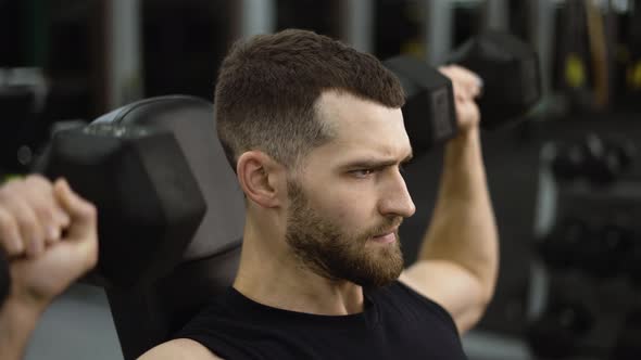 Strong Fit Man Doing Seated Dumbbell Presses During Training on a Bench