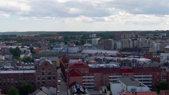 Colorful living district of Norrkoping city in aerial drone view