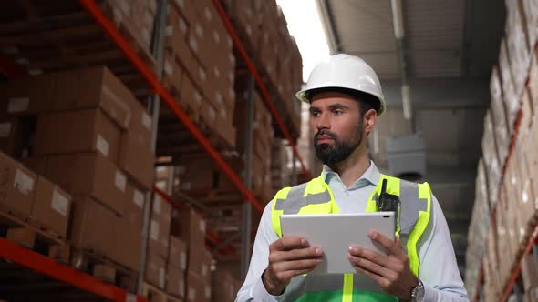 Serious Supervisor Taking Inventory in Storehouse