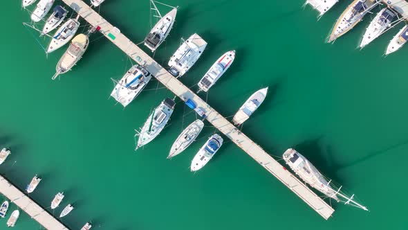 Yachts in the port aerial view 4 K Alanya Turkey