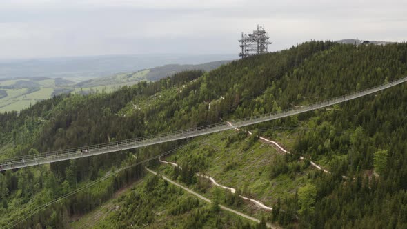 World's longest suspension bridge in Czech republic, zoom drone shot.