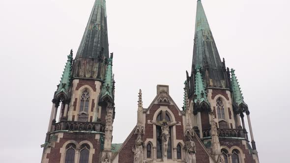 Aerial View of Historical Church of Saints Olga and Elizabeth Old Gothic Temple in Town Lviv Ukraine