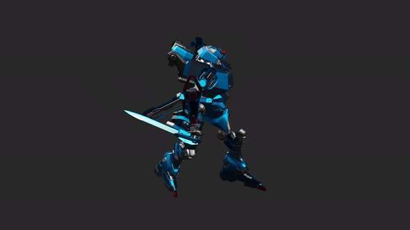 The robot acts in an idle style and wields a double sword