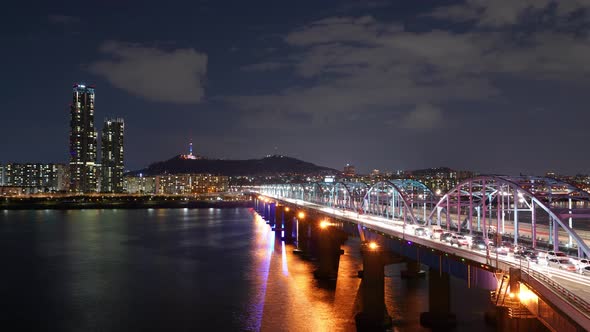 Seoul Night Han River Dongjak Bridge Traffic