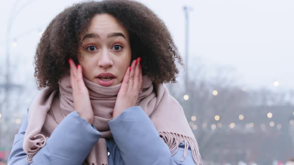 Outdoors Portrait Curly Surprised Woman Young Afro American Girl Feeling Shock of Good News