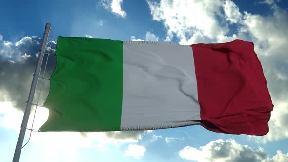 National Flag Italy Blowing Wind Against Blue Sky