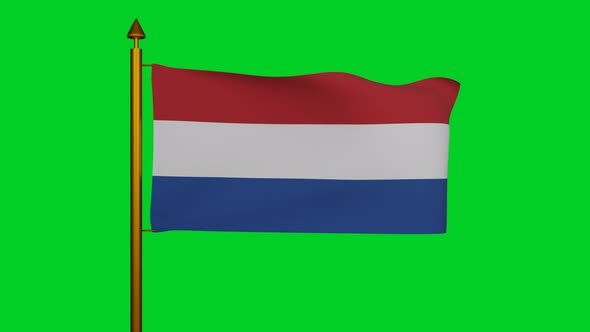 National Flag of the Netherlands waving with flagpole on chroma key, Holland tricolour flag