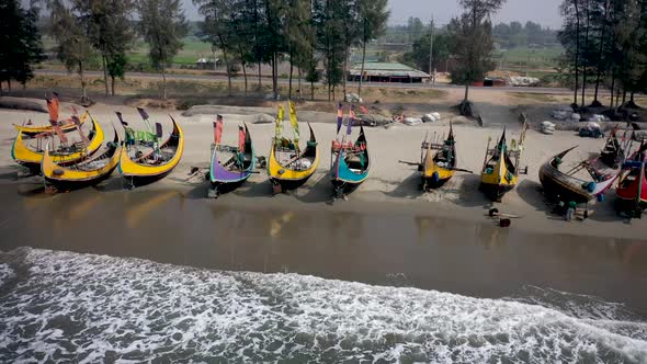 Aerial view of traditional fishing boats in Chittagong, Bangladesh.