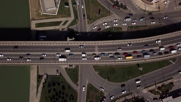 Drone's Eye View -  City Road Above View of Urban Traffic Jam on a Car Bridge