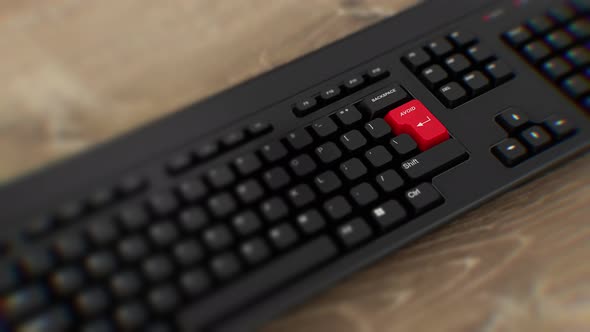 Avoid red button on keyboard. A finger presses Enter. Click AVOID. Realistic keyboard wideshot