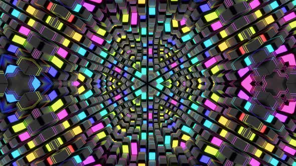 Abstract Looped Background with Symmetrical Structures Like Kaleidoscope with Lighting Bulbs