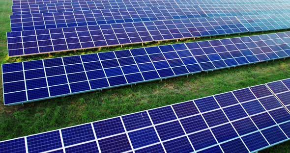 Solar Panels of a Modern Power Plant in a Field with Green Grass