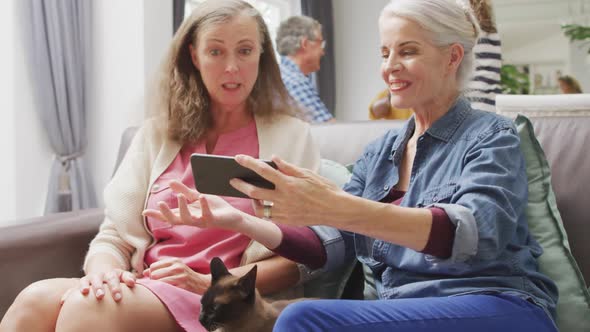 Animation of caucasian female senior friends using smartphone and talking on sofa