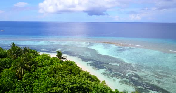 Natural drone clean view of a sandy white paradise beach and blue water background 