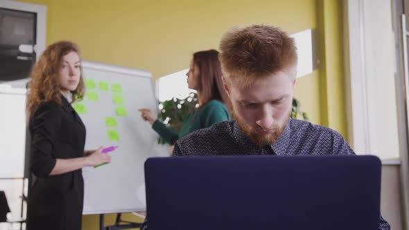 Young Man with Laptop and Two Woman Near White Board in Office Room