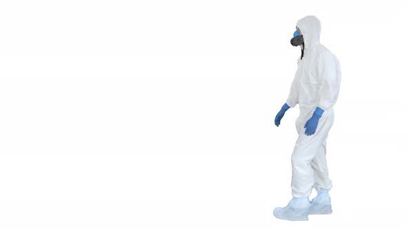 Virologist Man in Protective Costume Walking in and Out on White Background