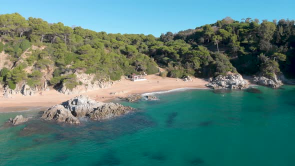 Costa Brava beach, aerial drone, paradise, turquoise green - Lloret de Mar Mediterranean - Spain