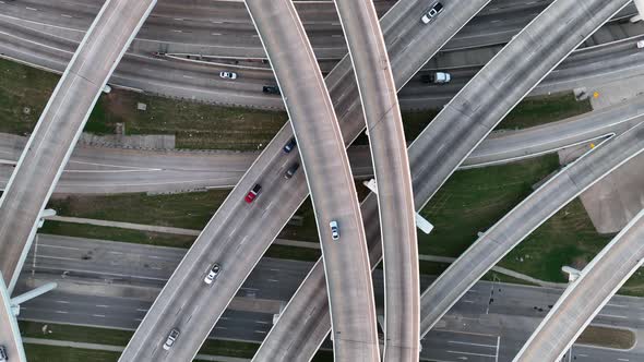 Top down aerial of highway intersection overpass interstate freeway.