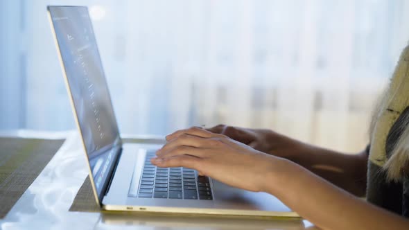 Female Hands Typing on Laptop Keyboard at Window