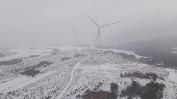 Aerial View of a Wind Farm in Winter Rotating Turbines on a Snowy Field in Ukraine
