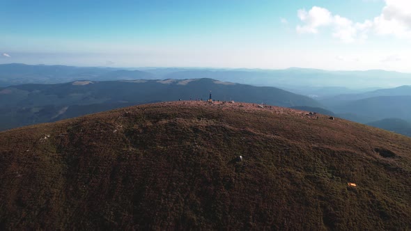 Aerial View of Tourists Climb to the Top of the Mountain Hoverla Ukraine