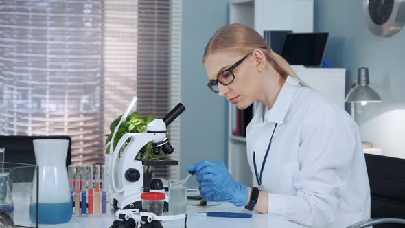 Female Chemistry Professor in Lab Coat Using Pipette to Drop Fertilizers on Something