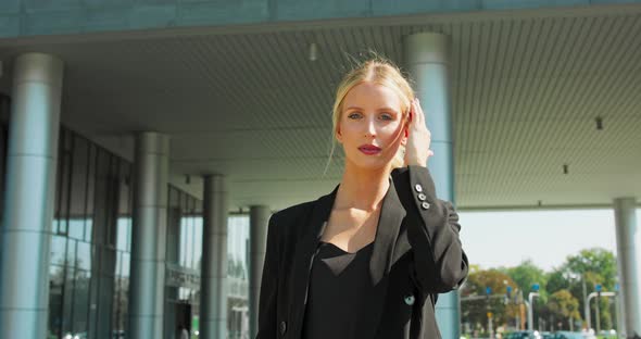 Beautiful Woman Going To Work Walking Near Office Building Portrait Of Successful Business Woman On