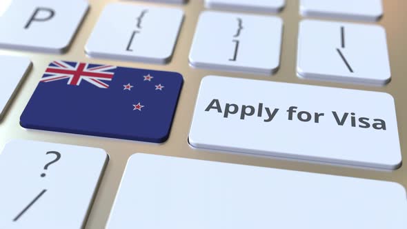 APPLY FOR VISA Text and Flag of New Zealand on the Keyboard