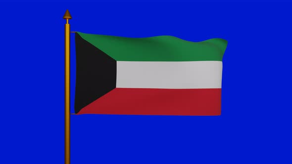 National flag of Kuwait waving with flagpole on chroma key, Alam Baladii Derti used Pan-Arab colours