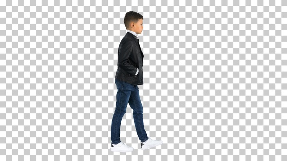 Young boy in a leather jacket walking, Alpha Channel